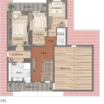 Der dargestellte Grundriss zeigt das Dachgeschoss eines Wohngebäudes mit drei Schlafzimmern, zwei Bädern, zwei Balkonen, einem Speicher sowie zusätzlichen Räumen wie Ankleide, Flur und Vorratsraum. Ein Schlafzimmer weist einen direkten Zugang zu einem Balkon auf.