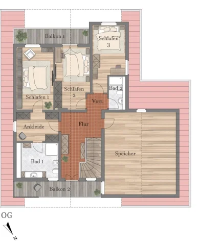 Detailreicher Grundriss DG mit 3 Schlafzimmern und Balkonen Der dargestellte Grundriss zeigt das Dachgeschoss eines Wohngebäudes mit drei Schlafzimmern, zwei Bädern, zwei Balkonen, einem Speicher sowie zusätzlichen Räumen wie Ankleide, Flur und Vorratsraum. Ein Schlafzimmer weist einen direkten Zugang zu einem Balkon auf.