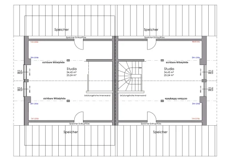 Grundriss DG Studio Der Plan zeigt einen Grundriss im Dachgeschoss (DG) mit zwei symmetrisch angeordneten Studios (je 34,43 m²) und zentralen Speicherbereichen. Jedes Studio hat schlanke Mittelpfetten und eine brüstungshohe Innenwand.