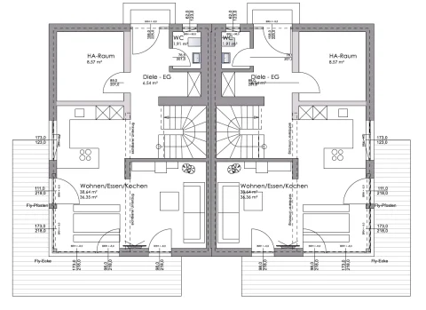 Grundriss EG für modernes Wohnen Das Bild zeigt einen detaillierten Grundriss eines Erdgeschosses (EG) mit symmetrisch angeordneten Wohnbereichen. Beide Seiten enthalten je ein großes Wohn-/Ess-/Küchenareal von ca. 36 m², ein WC und einen Hausarbeitsraum (HA-Raum) sowie ein zentrales Diele.