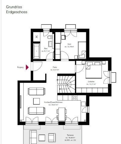 Der Grundriss zeigt ein Erdgeschoss mit Eingang, Bad ca. 8,71 m², Kinderzimmer ca. 10,79 m², Diele ca. 8,07 m², Schlafzimmer ca. 13,21 m² und Wohn-/Essbereich mit Küche ca. 29,67 m². Eine ca. 16,48 m² große Terrasse ist angedeutet.