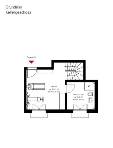 Das Bild zeigt den Grundriss eines Kellergeschosses. Auf der linken Seite ist ein Hobbyraum mit ca. 21,17m², daneben liegt ein optionaler Raum mit ca. 8,58m². Eine Wendeltreppe führt in das obere Geschoss. Rechts oben ist der Zugang gekennzeichnet.