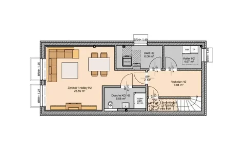 Das Bild zeigt den Grundriss des Kellergeschosses einer Doppelhaushälfte (KG DHH). Es umfasst ein großes Zimmer bzw. Hobbyraum, eine Dusche, einen Hausanschlussraum, einen Kellerraum und einen Vorraum. Jeder Raum ist detailliert mit Maßen und Einrichtungen wie Türen und Möbeln dargestellt.