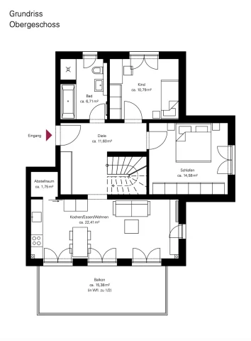 Grundriss eines Obergeschosses in Obermenzing: Enthält Eintritt, Abstellraum, großes Wohn-/Esszimmer, Balkon, Küche, zwei Schlafzimmer und ein Badezimmer.