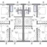 Grundriss eines Obergeschosses: Zwei identische Hälften mit jeweils einem Schlafzimmer (14,10 m²), zwei Kinderzimmern, Bad (8,98 m²) und einer Diele (3,78 m²). Symmetrisch angeordnet mit zentralen Treppenhäusern.