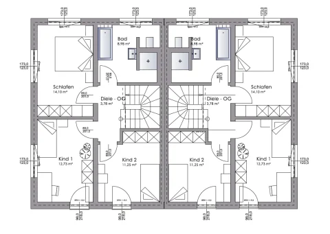 Effizienter Grundriss OG: Layout eines Familienheims Grundriss eines Obergeschosses: Zwei identische Hälften mit jeweils einem Schlafzimmer (14,10 m²), zwei Kinderzimmern, Bad (8,98 m²) und einer Diele (3,78 m²). Symmetrisch angeordnet mit zentralen Treppenhäusern.