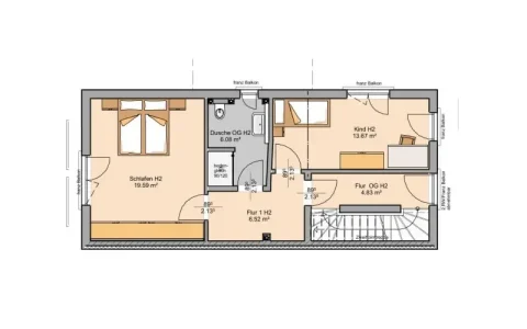 Das Bild zeigt den Grundriss des Obergeschosses einer Doppelhaushälfte (DHH). Es enthält zwei Schlafzimmer, einen Flur, ein Badezimmer und zwei Balkone. Die Größen der Räume sind angegeben, darunter ein Kinderzimmer und ein Hauptschlafzimmer.