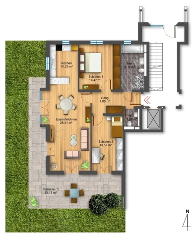 Der Grundriss zeigt eine Wohnung mit zwei Schlafzimmern (14,47 m² und 13,57 m²), einem Bad (8,1 m²), einem WC (1,89 m²), einer Küche (10,25 m²), und einem kombinierten Ess-/Wohnbereich (28,41 m²). Nord-Ausrichtung ist markiert. Draußen befindet sich eine Terrasse (13,13 m²).