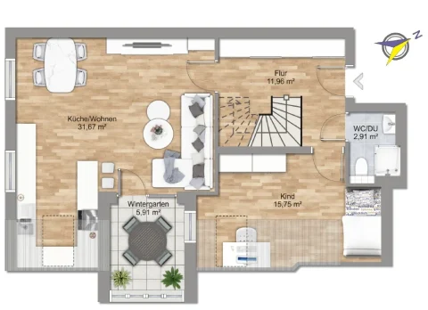 Grundriss Wohnung in Obermenzing mit Loggia Das Bild zeigt den Grundriss einer Wohnung in Obermenzing. Mit Flur (11,96 m²), Küche/Wohnbereich (31,67 m²), Kinderzimmer (15,75 m²), Wintergarten (5,91 m²) und einem Bad (2,91 m²).