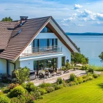 Das Bild zeigt ein modernes Haus direkt am Seeufer. Es hat große Fensterfronten und eine Terrasse, umgeben von einem gepflegten Garten. Im Hintergrund ist ein weiter See sichtbar. Ideal für ein Hauskauf am Ammersee, Starnberger See oder Wörthsee.