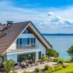 Auf dem Bild sieht man ein modernes, großes Haus mit Glasfronten und einem Satteldach am Ufer eines Sees. Der weitläufige Garten verfügt über einen gepflegten Rasen und bunte Blumenbeete. Eine große Terrasse mit Sitzmöbeln lädt zum Entspannen ein.