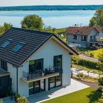 Das Bild zeigt ein modernes Einfamilienhaus mit weißer Fassade und dunklem Satteldach. Es befindet sich nah am Starnberger See, umgeben von einem gepflegten Rasen und anderen Häusern. Ideale Immobilie zu verkaufen in der Region Ammersee-Starnberger See.