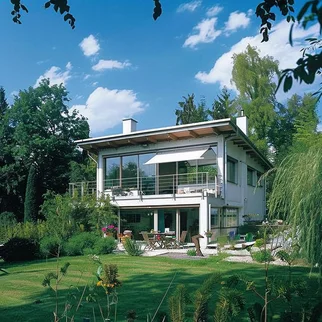 Modernes Haus mit großer Fensterfront und Balkon, umgeben von einem gepflegten Garten mit Terrasse und Grünfläche. Perfektes Objekt zum Verkauf am Starnberger See in Starnberg, ideal für ruhesuchende Immobilieninteressenten.