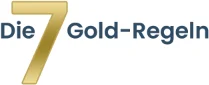 Das Bild zeigt das Logo "Die 7 Gold-Regeln" mit einer großen goldenen Ziffer 7. Der Text ist in blauer Farbe. Der Hintergrund ist weiß. Es gibt keine direkte Verbindung zu Immobilien oder dem Ammersee auf dem Bild.