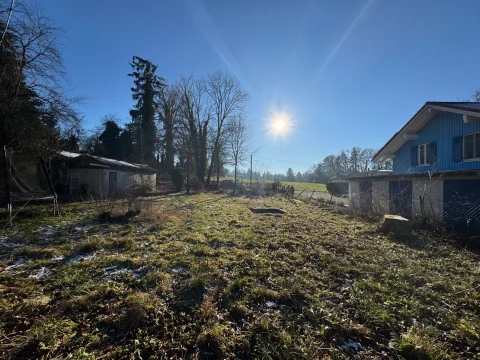 Winterlandschaft mit einer Wiese, leicht verschneit. Links kleine Holzhütte, rechts ein größeres blaues Haus. Bäume ohne Blätter, strahlende Sonne am Himmel. Leichter Frost auf dem Gras.