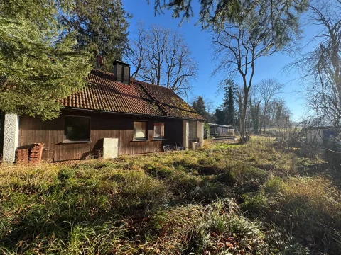 Das Bild zeigt ein altes, etwas verfallenes Haus mit schindelbedecktem Dach und braunen Holzaußenwänden, umgeben von einer waldigen Gegend und einer Wiese. Sonnenlicht scheint durch die Bäume und erhellt die Szenerie.