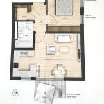 Das Bild zeigt einen Grundriss einer Wohnung mit beschrifteten Räumen. Es gibt ein Schlafzimmer, ein Badezimmer, einen Abstellraum, einen Flur und einen kombinierten Wohn-, Ess- und Kochbereich. Zusätzlich ist eine Terrasse eingezeichnet, gekennzeichnet mit "keine Fliesen".