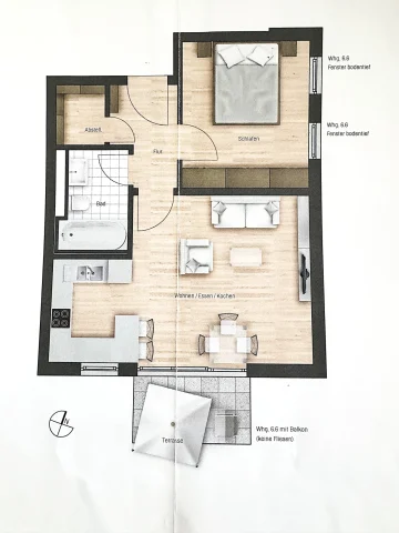 Effizienter Grundriss mit Terrasse Das Bild zeigt einen Grundriss einer Wohnung mit beschrifteten Räumen. Es gibt ein Schlafzimmer, ein Badezimmer, einen Abstellraum, einen Flur und einen kombinierten Wohn-, Ess- und Kochbereich. Zusätzlich ist eine Terrasse eingezeichnet, gekennzeichnet mit