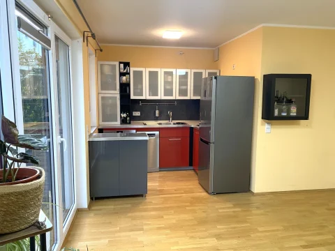 Moderne Küche mit stilvoller Einrichtung und Tageslicht Das Bild zeigt eine moderne Küche mit einer Kombination aus roten und grauen Schränken, schwarzem Arbeitsplatten, Edelstahlgeräten und einem Parkettboden. Eine Pflanze steht nahe eines großen Fensters.