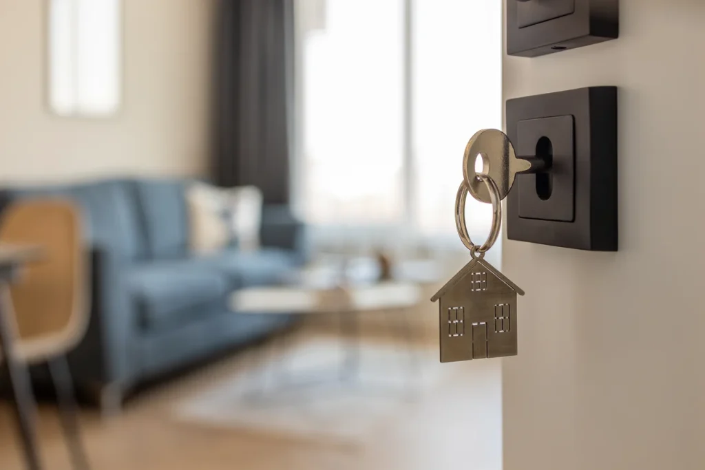 Schlüssel mit einem Hausanhänger steckt in einem modernen schwarzen Lichtschalter, vor verschwommenem Hintergrund eines stilvollen Wohnzimmers mit blauem Sofa und Holzstühlen. Ideal für Themen wie "Immobilie kaufen am Ammersee, Herrsching".