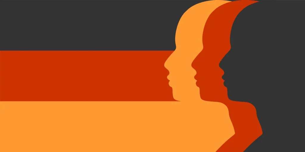 Drei übereinanderliegende Profil-Silhouetten in Orange, Rot und Dunkelgrau vor horizontalen Farbbalken; symbolische Darstellung von Demografie, Marktsegmenten und Standortanalyse für Immobilien in Deutschland.