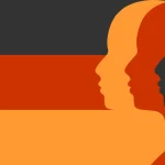 Drei übereinanderliegende Profil-Silhouetten in Orange, Rot und Dunkelgrau vor horizontalen Farbbalken; symbolische Darstellung von Demografie, Marktsegmenten und Standortanalyse für Immobilien in Deutschland.