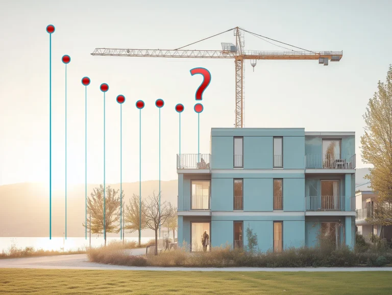 Türkises Mehrfamilienhaus am Ammersee mit Baukran und grafischer Visualisierung fallender Preisindikatoren (rote Punkte, Fragezeichen) – Immobilienmarkt Herrsching 2026