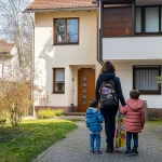 Eine junge Frau mit Rucksack und zwei Kindern steht vor einem Doppelhaus in Landsberg am Lech. Sie betrachtet das Haus, das von einem Garten umgeben ist. Die Kinder tragen bunte Jacken und die Szene wirkt frühlingshaft.