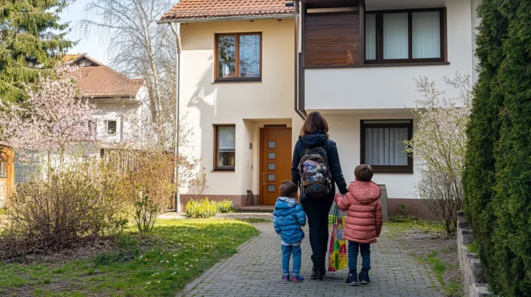 Eine junge Frau mit Rucksack und zwei Kindern steht vor einem Doppelhaus in Landsberg am Lech. Sie betrachtet das Haus, das von einem Garten umgeben ist. Die Kinder tragen bunte Jacken und die Szene wirkt frühlingshaft.
