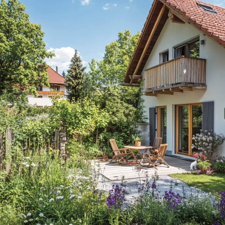 Modernes Haus mit Balkon, umgeben von einem blühenden Garten. Ideal für Wohnungssuchende mit Wunsch nach Grünfläche.