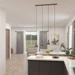 Moderne Küche mit offener Wohnzimmeransicht. Auf der Kücheninsel Obstschale, multifunktionale Küchengeräte. Hängende Lampen, große Fenster mit Gartenblick, helle Einrichtung und zeitgenössische Kunstwerke an den Wänden.