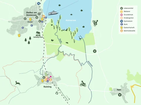 Das Bild zeigt einen Lageplan der Region um den Ammersee mit Ortschaften wie Dießen, Raisting und Pähl. Markierungen weisen auf verschiedene Einrichtungen wie Schulen, Banken oder Geschäfte hin. Wesentliche Straßen und Naturgebiete sind ebenfalls abgebildet.