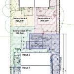 Der Plan zeigt vier Grundstücke mit zugehörigen Gebäuden. "Haus 1" und "Haus 2" befinden sich auf "Grundstück 1" und "Grundstück 2". "Haus 3" und "Haus 4" befinden sich auf "Grundstück 3" und "Grundstück 4". Jedes Grundstück ist detailliert mit Flächenangaben und Grenzlinien dargestellt.