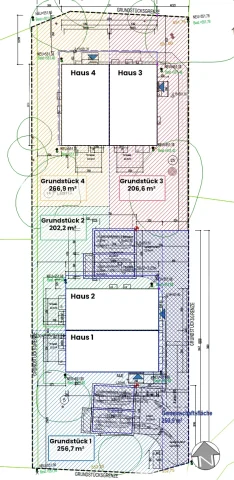 Der Plan zeigt vier Grundstücke mit zugehörigen Gebäuden. 