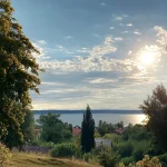 Das Bild zeigt eine malerische Aussicht mit einem Blick auf einen See, umrahmt von üppigen Bäumen unter einem dramatischen Himmel mit abendlichem Sonnenlicht. Im Vordergrund sind grüne Wiesen und einige Häuser erkennbar.