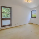 Das Bild zeigt ein leeres Zimmer mit zwei Fenstern. Die Fenster sind braun gerahmt mit Blick auf Grün. Der Raum hat eine Deckenleuchte und mehrere Steckdosen an den Wänden. Der Boden ist mit hellem Laminat ausgelegt. Der String liefert keine relevanten Informationen.