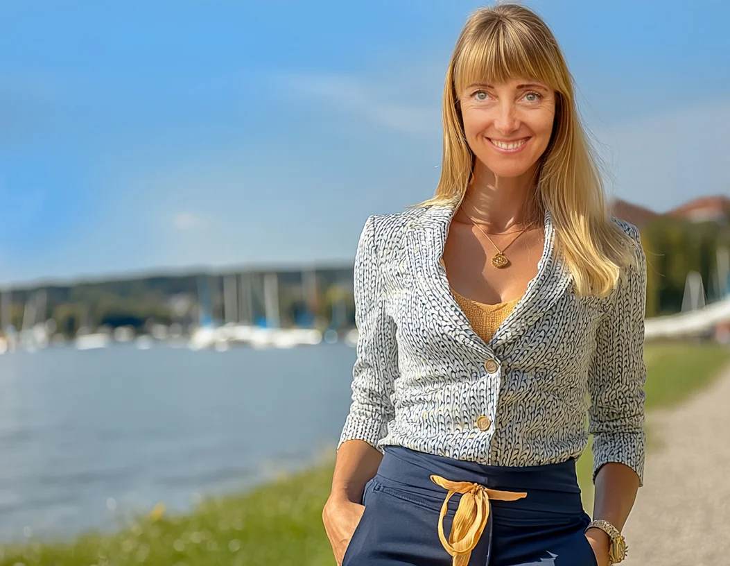 Auf dem Bild ist eine Myriam Goldhofer, Immobilienmaklerin im 5-Seenlad, Sie hat blonde Haaren und ein sympatisches Lächeln im Gesicht. Sie trägt eine graue Jacke und ein goldenes Halskettchen. Im Hintergrund sind Segelboote und der Ammersee. Das Bild lässt vermuten, dass sie gerade in dieser Region als Immobilienmaklerin tätig ist.
