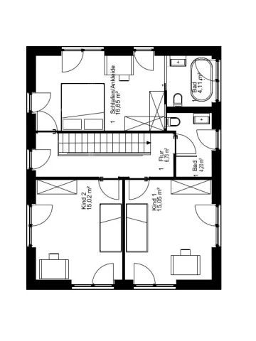 Das Bild zeigt den Grundriss eines Obergeschosses eines Einfamilienhauses. Es enthält zwei Kinderzimmer, ein Schlafzimmer mit Ankleide, ein Bad und einen Flur. Es weist insgesamt eine Wohnfläche von 53,05 m² auf.