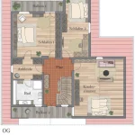 Obergeschossplan eines Landhauses am Tegernsee: 2 Schlafzimmer, Ankleide, 2 Balkone, großes Bad, Kinderzimmer und zentraler Flur. Die Schlafräume sind geräumig, jedes Schlafzimmer hat Zugang zu einem Balkon. Modern gestaltet mit klarer Raumtrennung.