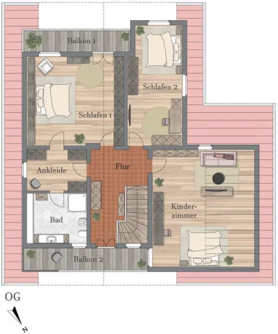 Obergeschoss Tegernsee Obergeschossplan eines Landhauses am Tegernsee: 2 Schlafzimmer, Ankleide, 2 Balkone, großes Bad, Kinderzimmer und zentraler Flur. Die Schlafräume sind geräumig, jedes Schlafzimmer hat Zugang zu einem Balkon. Modern gestaltet mit klarer Raumtrennung.