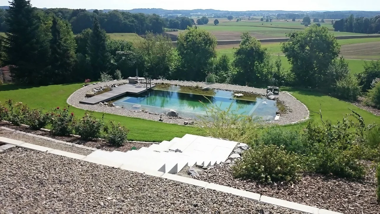 Das Bild zeigt eine Gartenlandschaft mit einem natürlichen Schwimmteich und einem modernen Pool, umgeben von einem gepflegten Rasen, Rosensträuchern und Kieselwegen. Ein bewaldeter Hügel bildet den Hintergrund. Der Stil deutet auf hochwertige Gartenbauarbeit hin, spezialisiert möglicherweise von einem Unternehmen wie Thoma Galabau in Penzing-Landsberg.