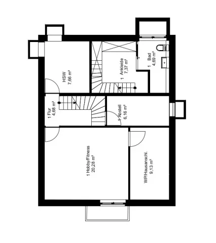 Das Bild zeigt den Grundriss des Untergeschosses eines Einfamilienhauses (EFH) in Inning. Es enthält Räume wie ein Hobby/Fitnessraum, Haustechnikraum, Bad, Ankleide, einen Heizraum sowie Flure und Abstellmöglichkeiten. Die Raumgrößen sind angegeben.