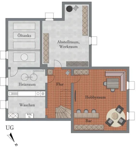 Modernes Untergeschoss-Design am Tegernsee Das Bild zeigt den Grundriss eines Untergeschosses. Es inkludiert einen Heizraum, Öltanks, einen Waschraum, einen Abstell- und Werkraum, einen Flur sowie einen Hobbyraum mit einer Bar und Sitzmöglichkeiten. Die Farbgebung variiert zwischen Grau und Terrakotta.