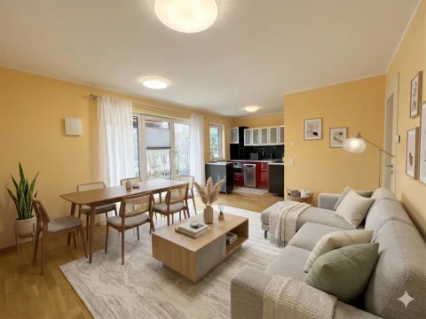 Modernes offenes Wohnkonzept mit KI-Design Moderner offener Wohn-, Ess- und Küchenbereich mit KI-gestaltetem Interieur und viel Tageslicht.